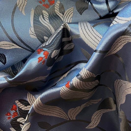 GIGLIO: Jacquard brillant bleu fleuris petite touche orangé