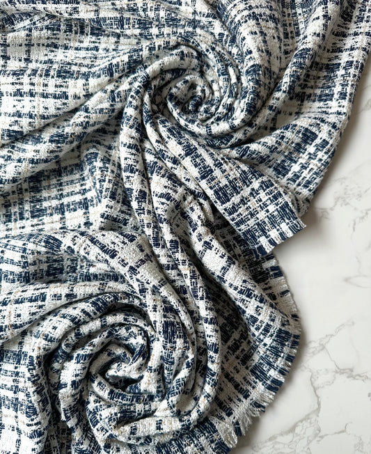 LUCILE: Tweed coton fond blanc tissage bleu marine et beige