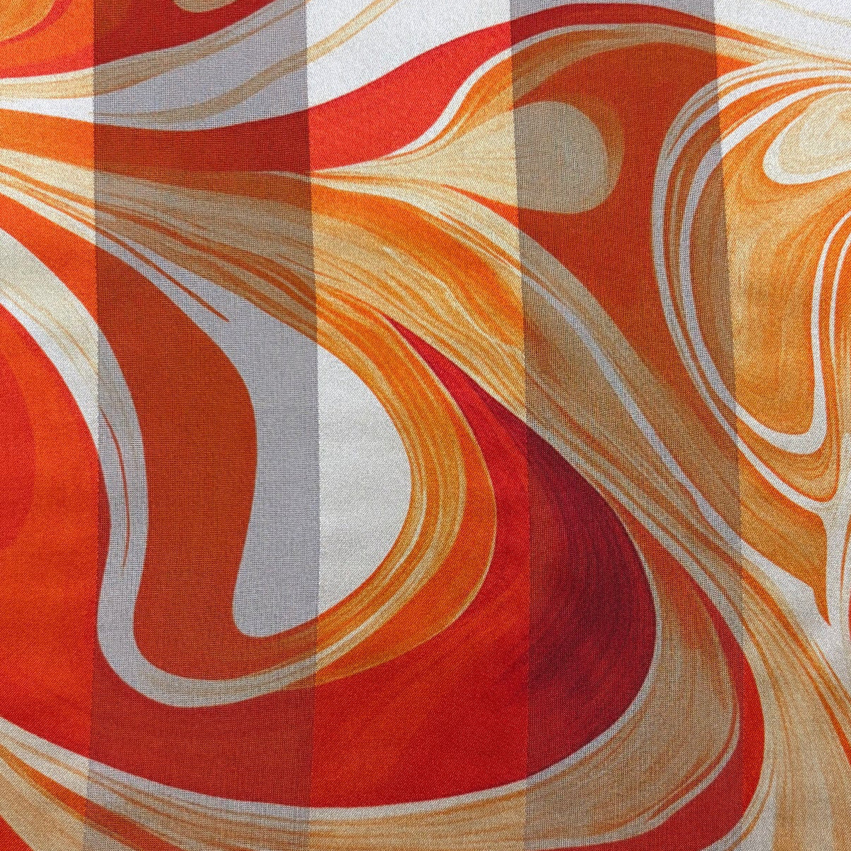 IOLANI : Bande satin imprimé psychédélique orange brûlé, rouge et beige doré