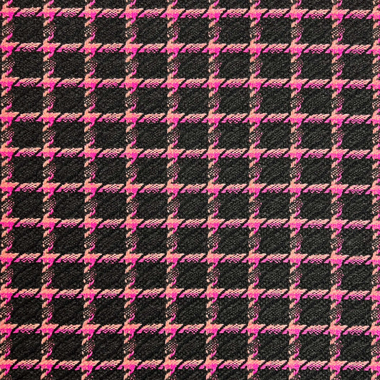 ROSARIA: Tweed motif pied-de-poule revisité, rose bonbon sur fond noir