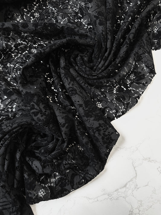 ESMERALDA: Dentelle florale noir coton mélangé - velour dévoré noir