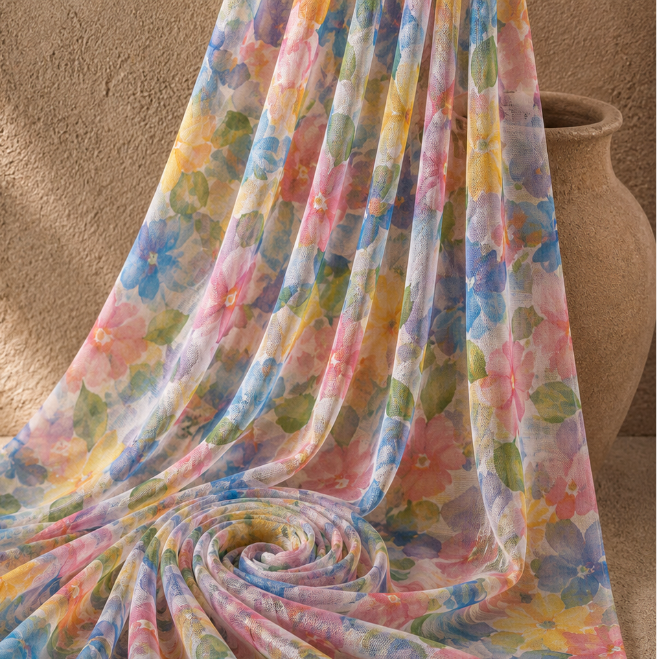 ERIO: Tulle bi-strech imprimé à fleurs