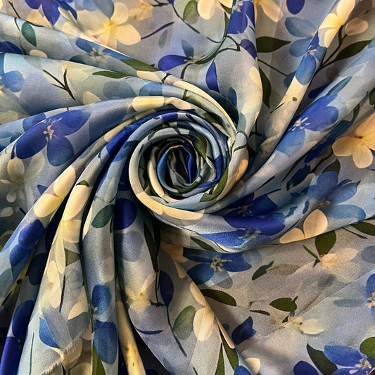 Anastasia : bande satin à motifs fleurs bleues et jaunes
