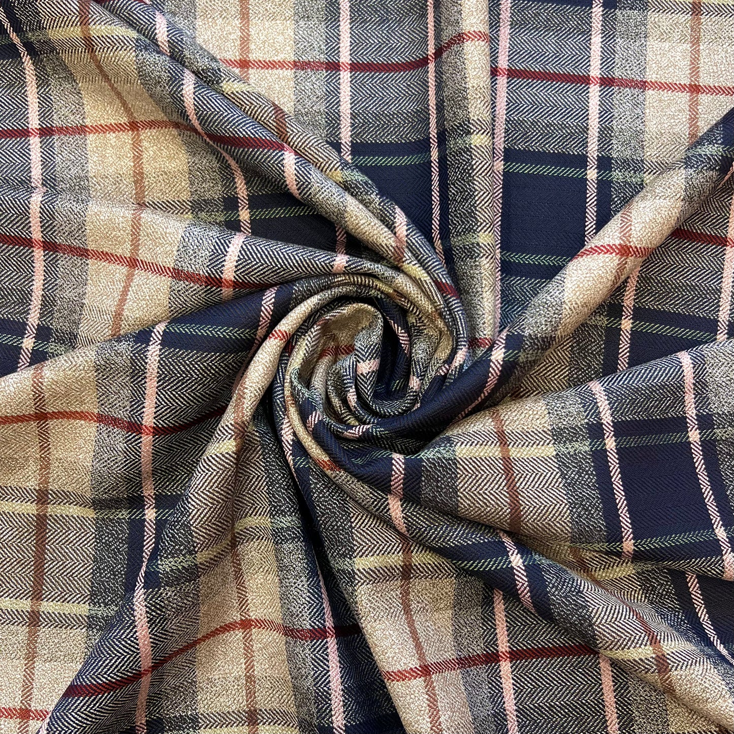 CORENTIN: Tissu tartan écossais beige/marine rayures bordeaux et roses