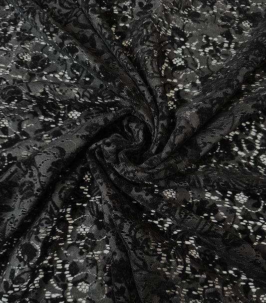 ESMERALDA: Dentelle florale noir coton mélangé - velour dévoré noir