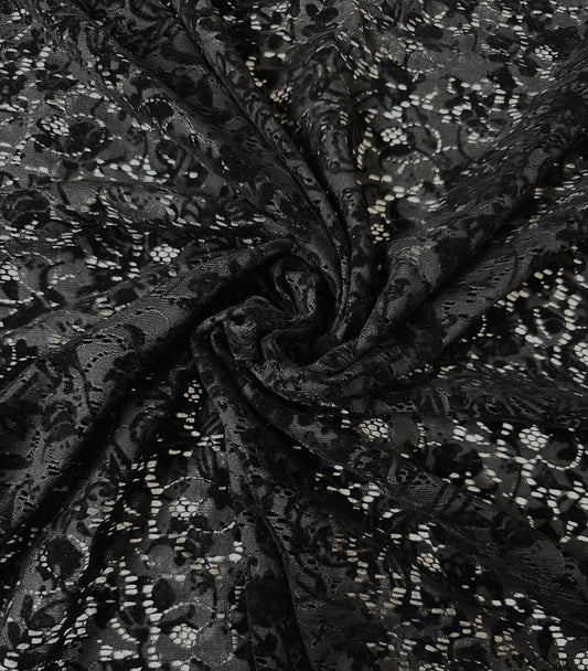 ESMERALDA: Dentelle florale noir coton mélangé - velour dévoré noir