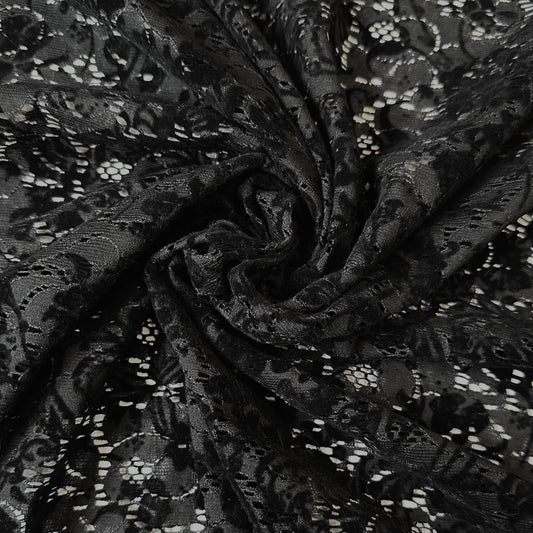 ESMERALDA: Dentelle florale noir coton mélangé - velour dévoré noir