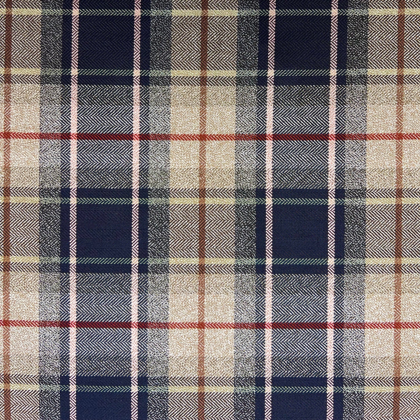 CORENTIN: Tissu tartan écossais beige/marine rayures bordeaux et roses