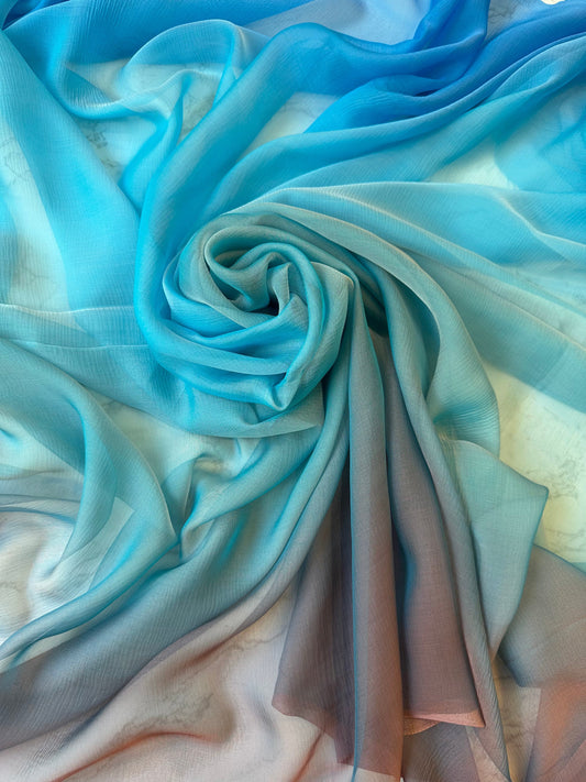BENINO: Mousseline de soie française lisse changeante - bleu turquoise/vieux rose