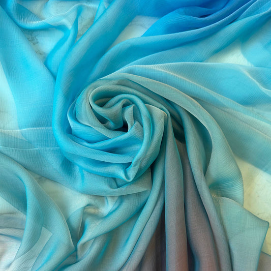 BENINO: Mousseline de soie française lisse changeante - bleu turquoise/vieux rose
