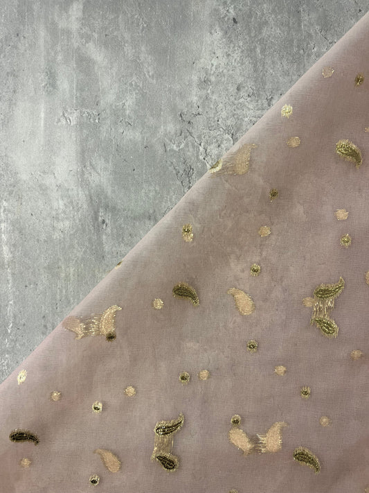 AURORA: Tissu Organza rose poudré avec motifs dorés