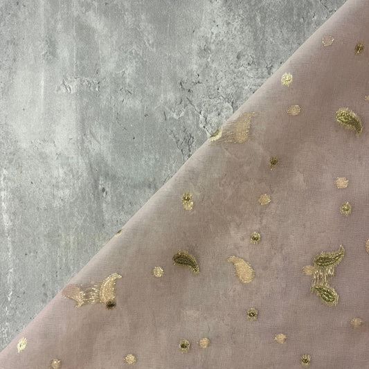 AULETA: Tissu Organza rose poudré avec motifs dorés