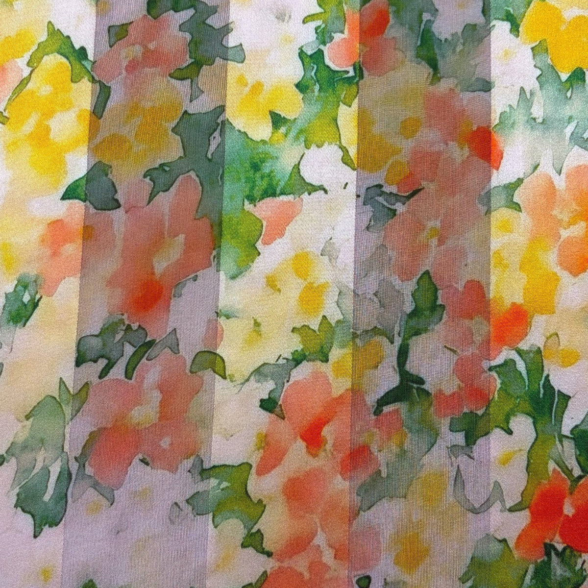 YUZUKI : Bande satin imprimé floral jaune soleil, corail et vert feuillage