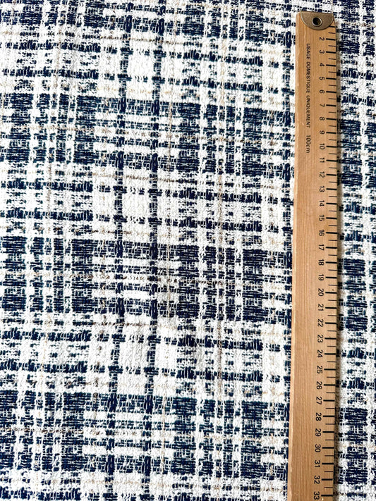 LUCILE: Tweed coton fond blanc tissage bleu marine et beige