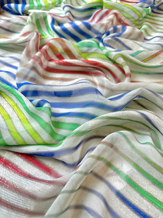 LIVIA: Mousseline fil coupé imprimé rayures multicolores