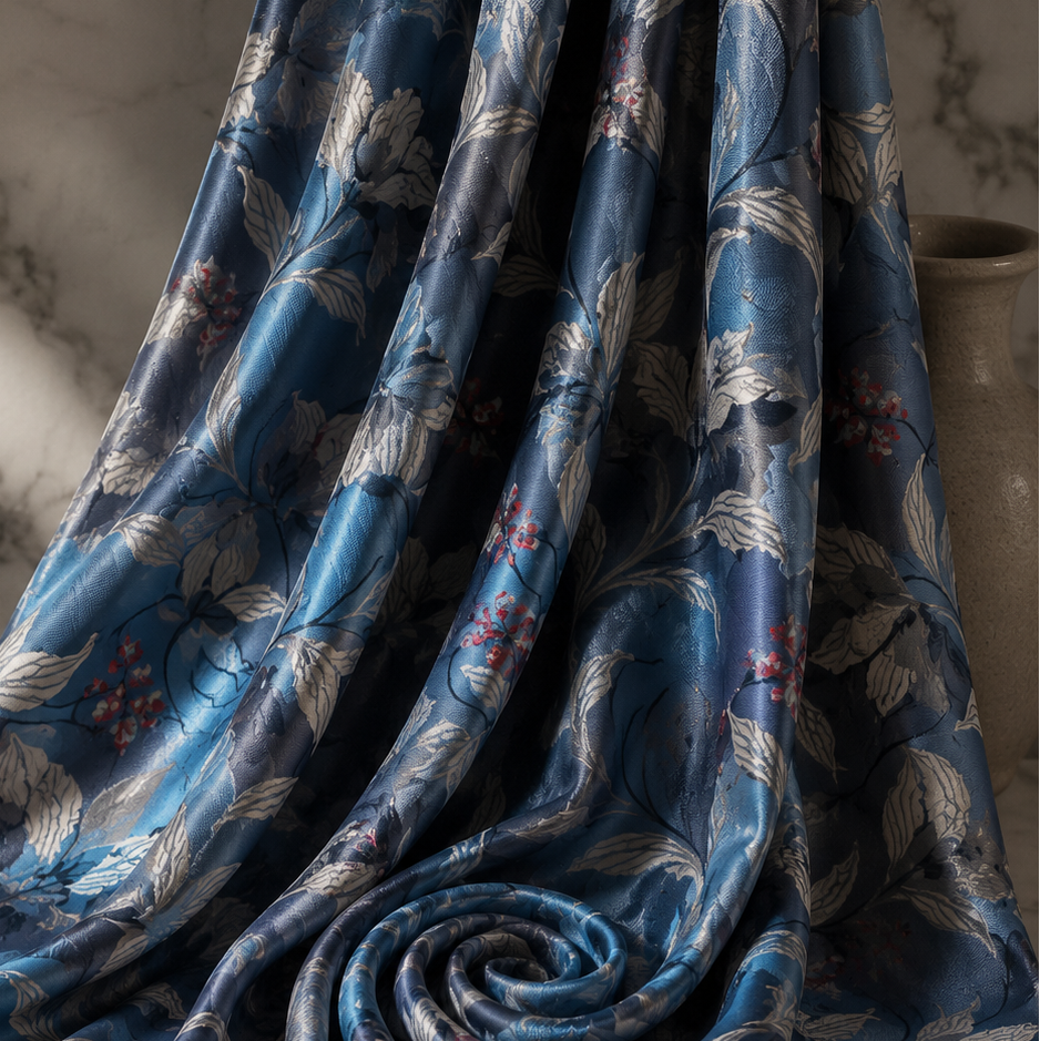 SAKURA : Jacquard brillant bleu fleuris petite touche orangé