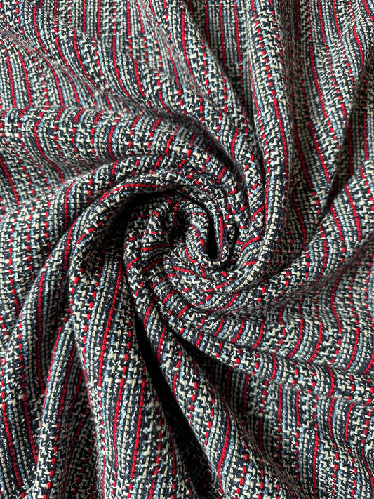 CHARLOTTE: Tweed coton tissage rouge, bleu ciel, bleu marine et blanc
