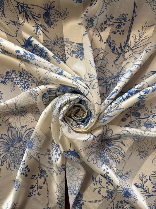 VICTOIRE : Bande satin imprimé floral botanique effet porcelaine