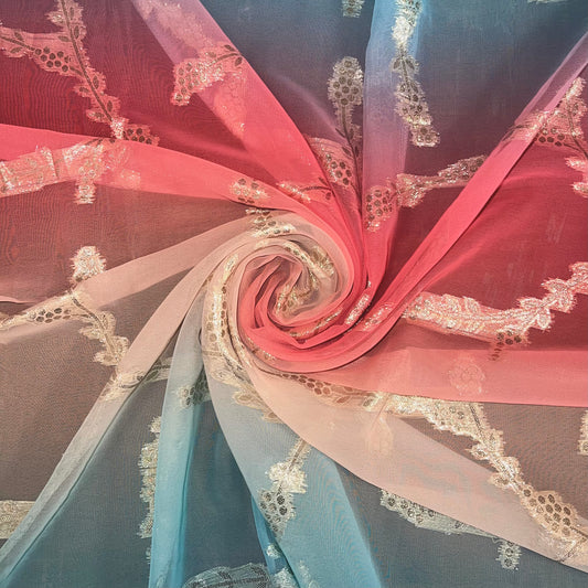 CLARISSE: Mousseline degradé bleu/rose brindilles doré