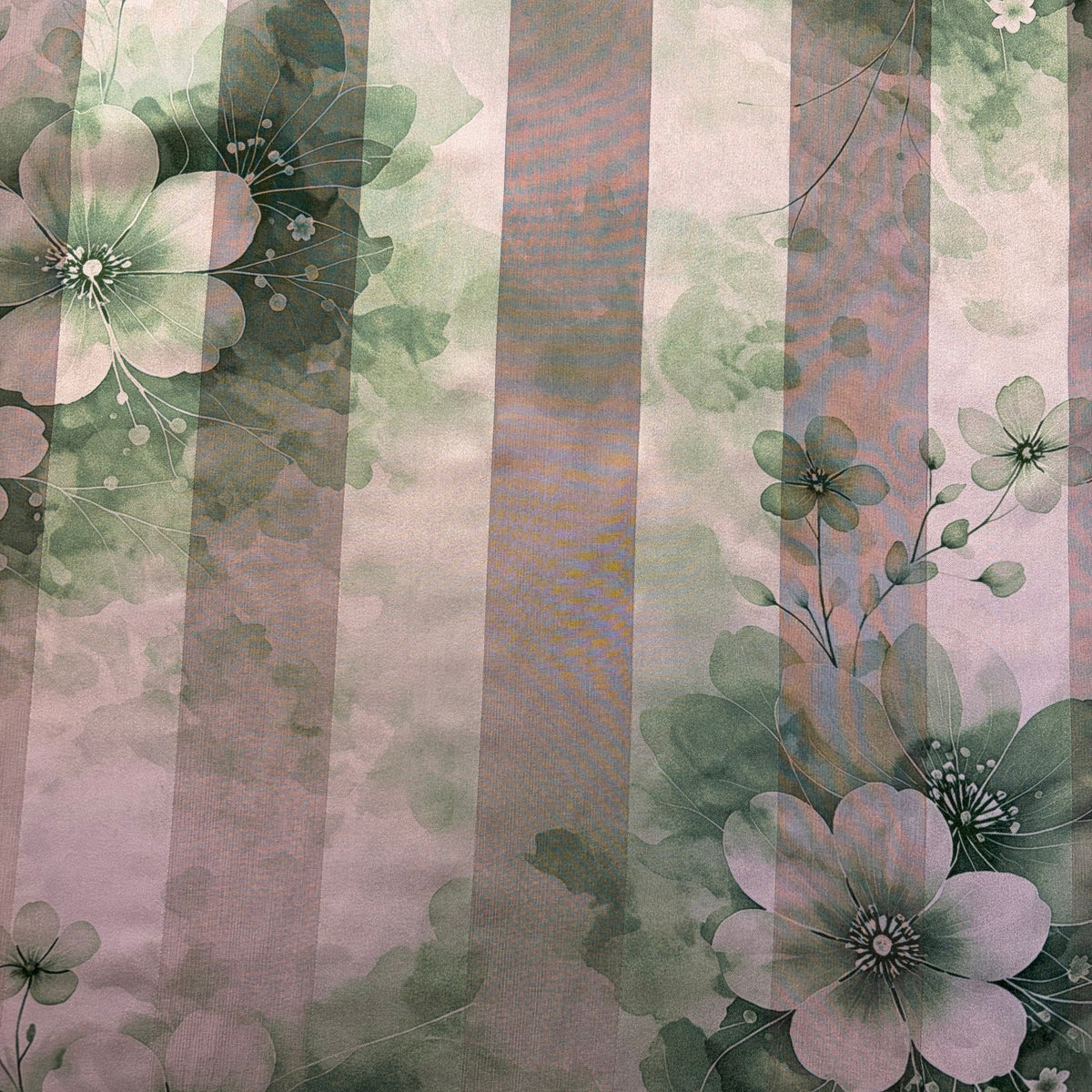 ESMÉLIE : Bande satin imprimé floral vert sauge et ivoire