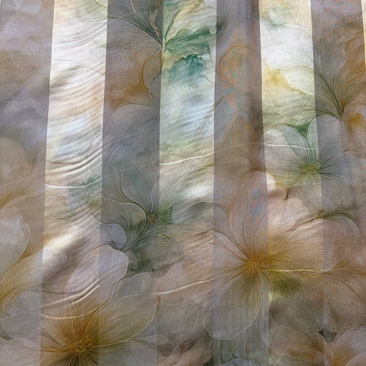 SAYURI: Bande satin imprimé floral vert sauge, champagne et gris perle