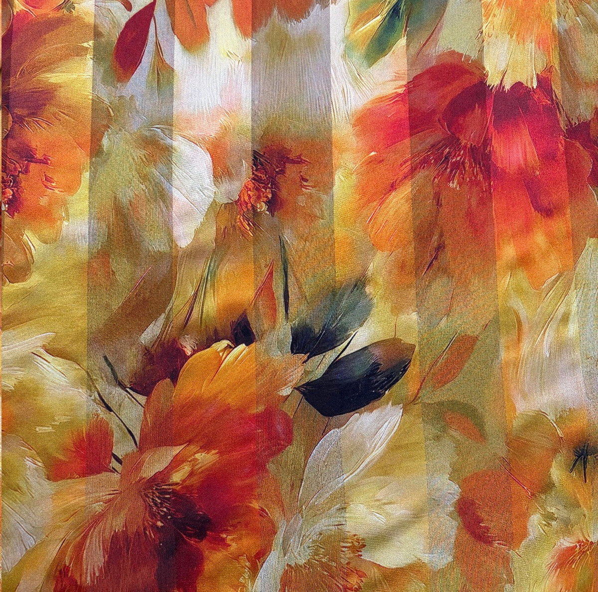 SUNDARI : Bande satin imprimé floral automnal orange brûlé, terracotta et doré