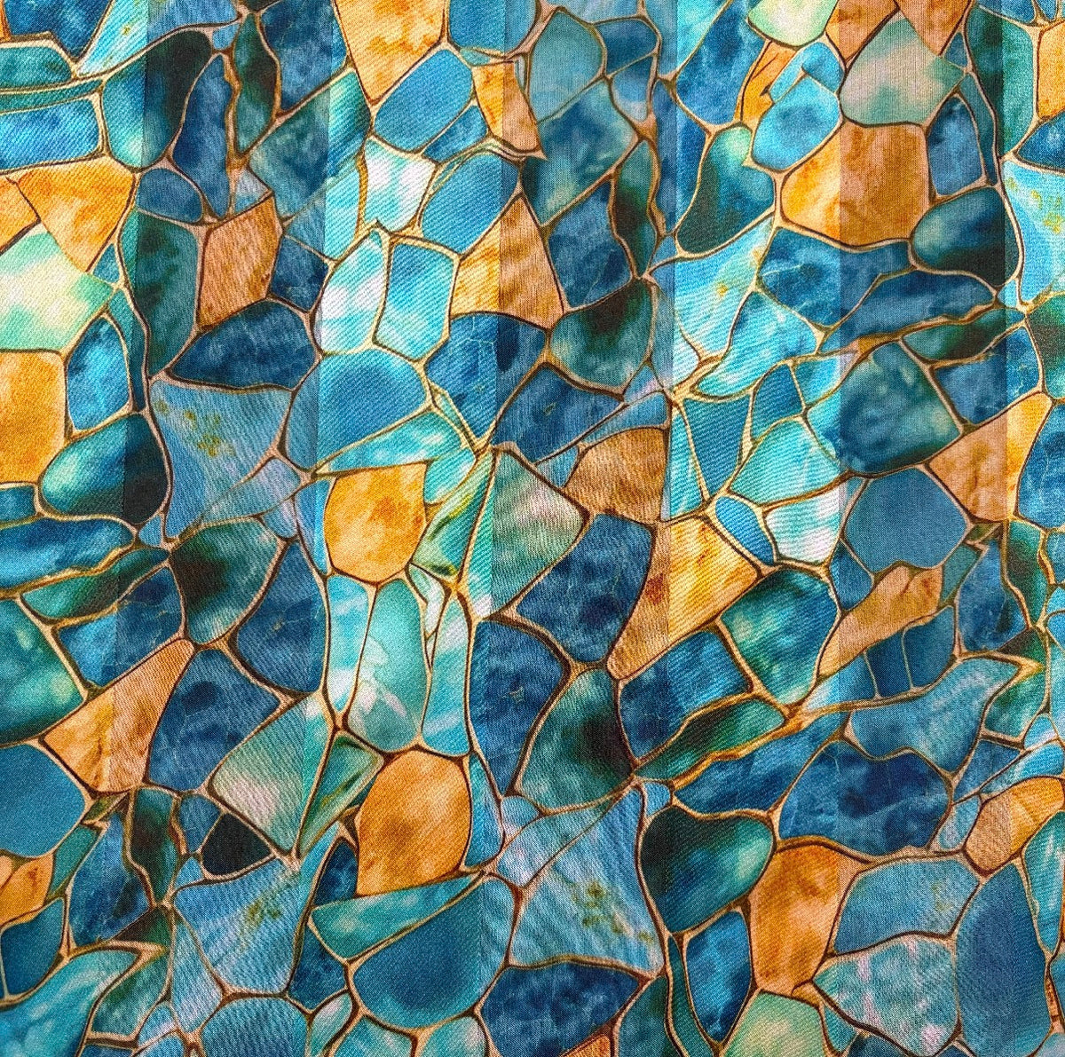 TARANEH : Bande satin imprimé mosaïque bleu turquoise, vert émeraude et doré