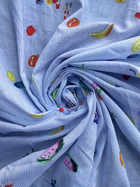 POMELINE: Voile de Coton rayé imprimé fruits