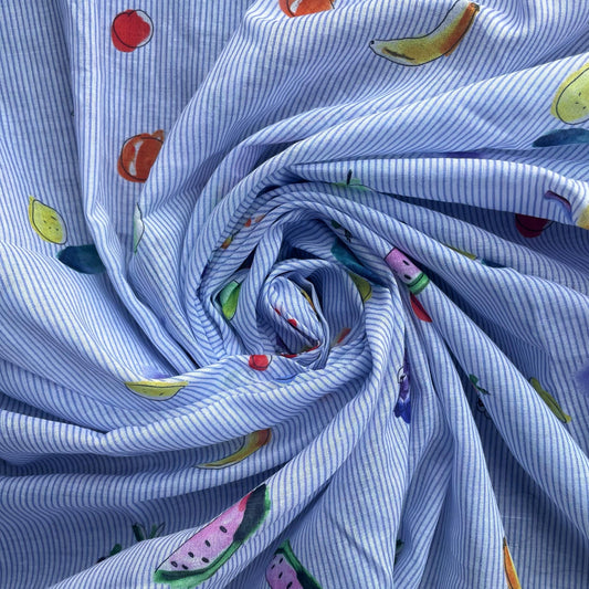 POMELINE: Voile de Coton rayé imprimé fruits