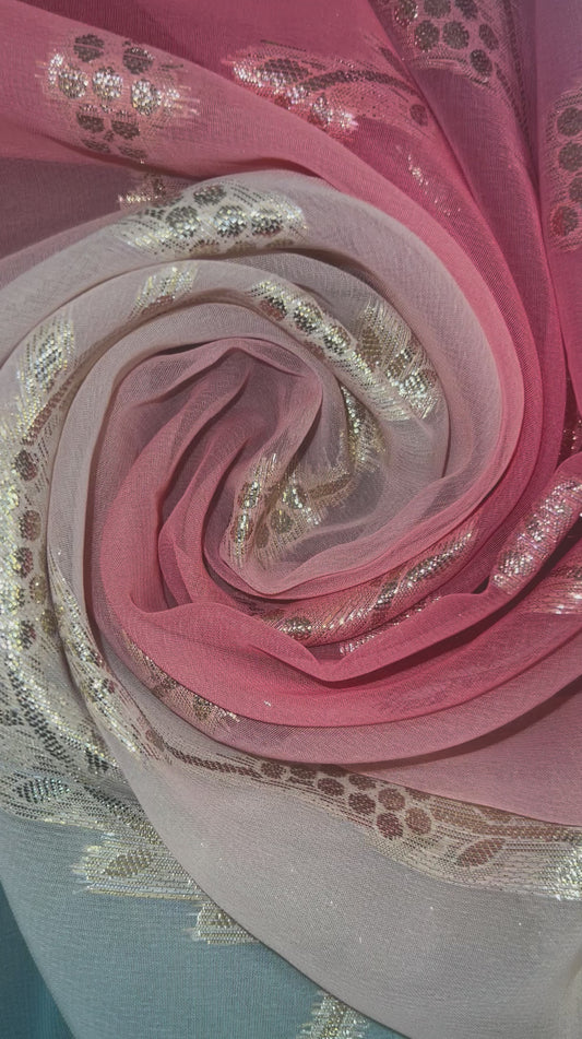 CLARISSE: Mousseline degradé bleu/rose brindilles doré