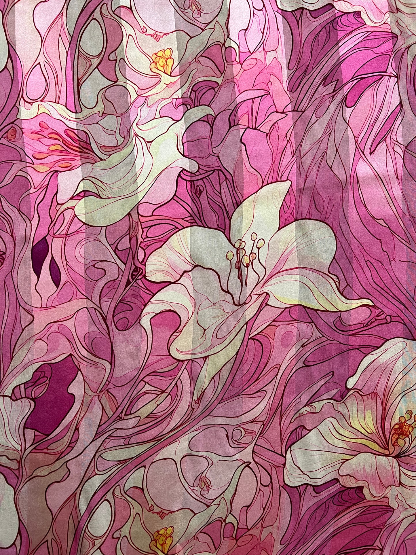 ÉMILIE : Bande satin imprimé fleurs rose