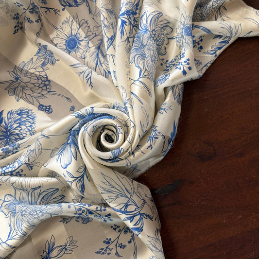 VICTOIRE : Bande satin imprimé floral botanique effet porcelaine