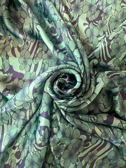 VIOLET : Bande satin imprimé petites fleurs tropicales