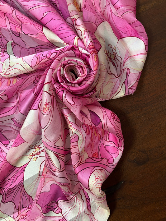 ÉMILIE : Bande satin imprimé fleurs rose