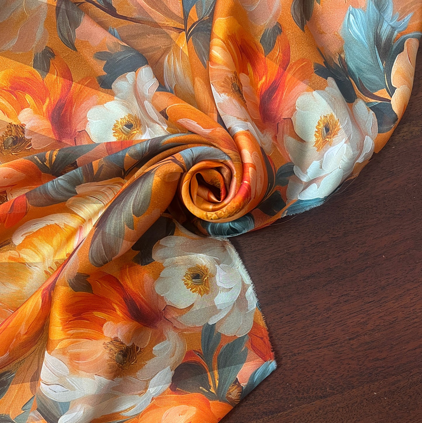 SARAH :Bande satin imprimée floral orange