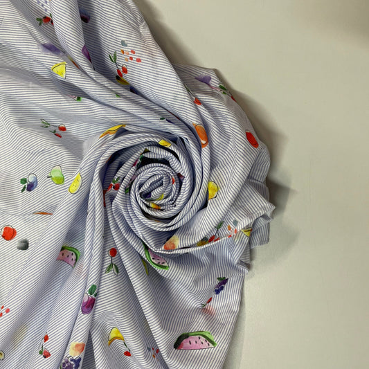 POMELINE: Voile de Coton rayé imprimé fruits