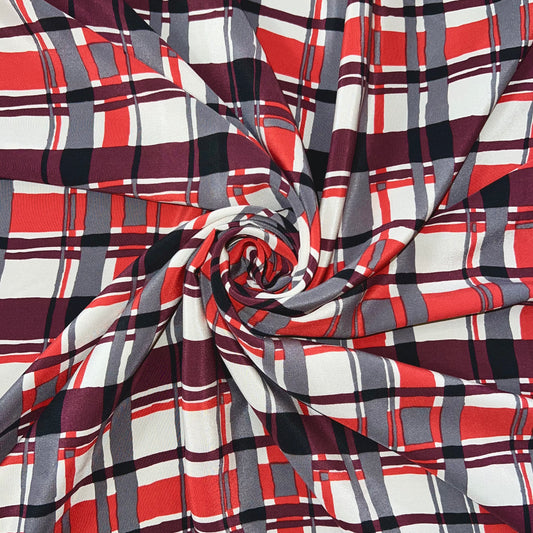 HYDRE: Crêpe de soie lavé, imprimé à carreaux irréguliers rouge/bordeaux/gris sur fond blanc