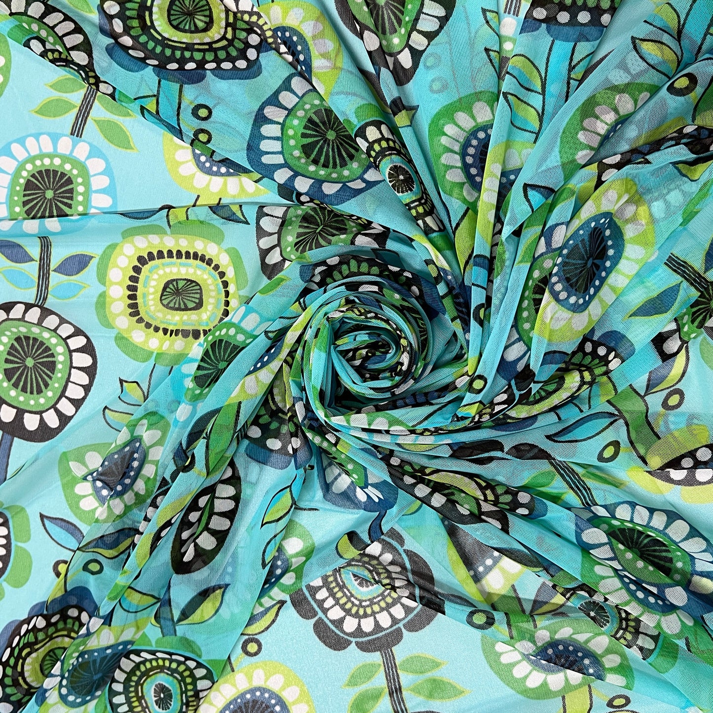 MIMI : Tulle imprimé motif fleurs vintage rétro bleu
