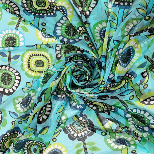 MIMI : Tulle imprimé motif fleurs vintage rétro bleu