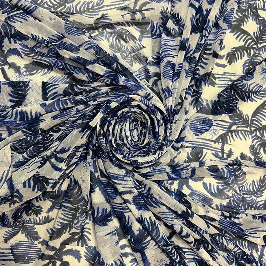MIRAGE : Tulle imprimé motif palmier bleu et noir