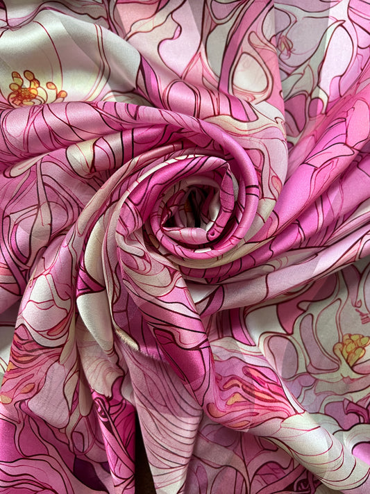 ÉMILIE : Bande satin imprimé fleurs rose