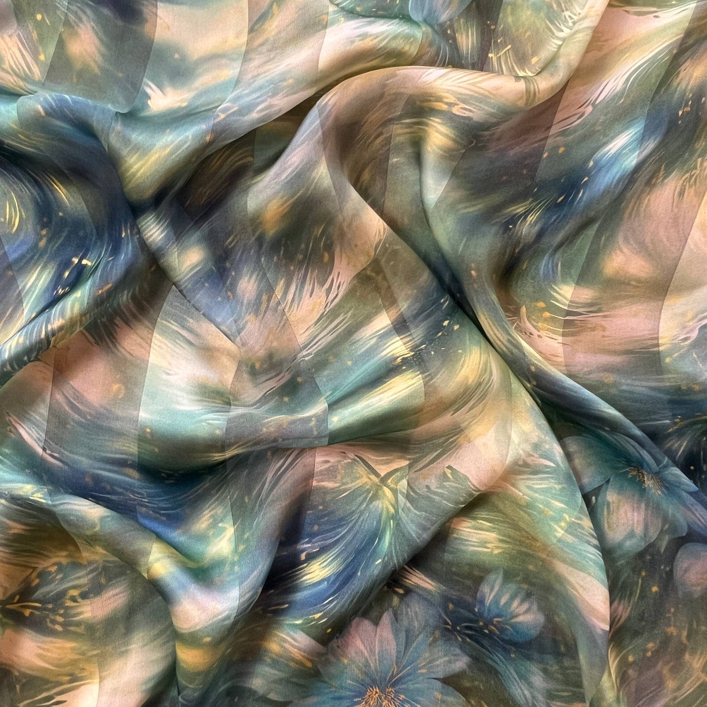 CASSANDRA : Bande satin imprimé floral artistique effet aquarelle