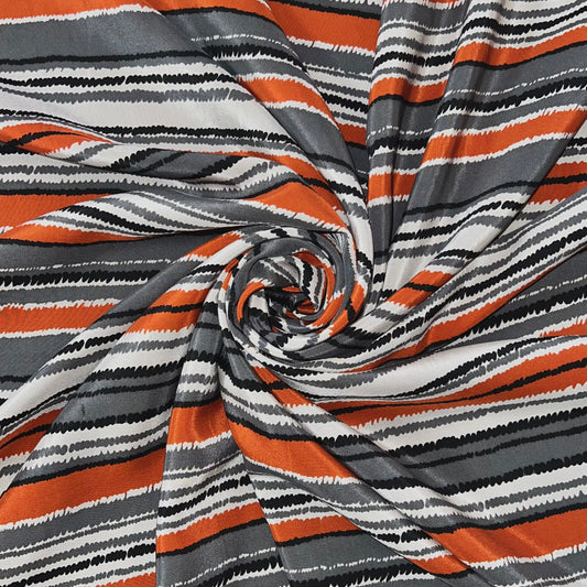 BASTIEN: Crepe de soie lavé, imprimé à rayures irrégulières orange/grise/noir sur fond blanc