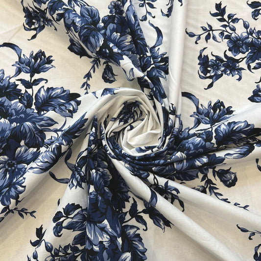 BRISE: Popeline de coton grosse fleurs bleu marine