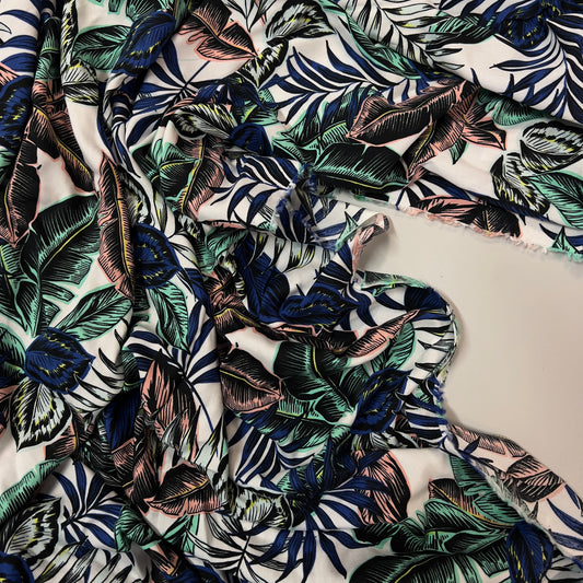 COUPON: TROPIC BLUE : Viscose imprimée tropicale: 1m