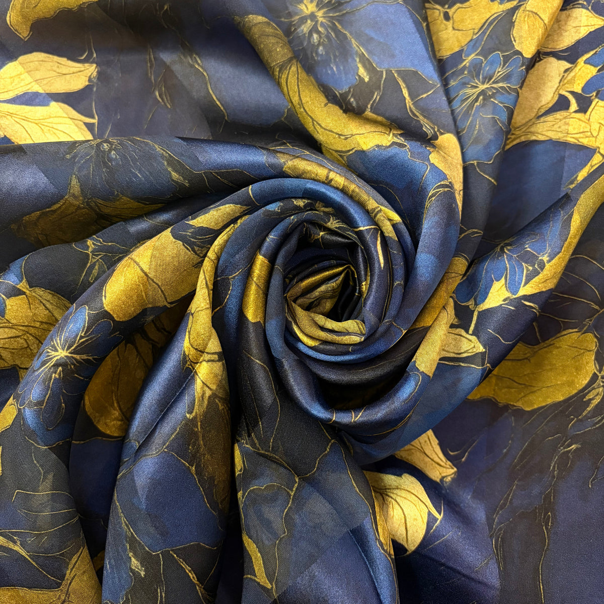 ÉLÉYSA : Bande satin imprimé floral bleu nuit et feuillage doré