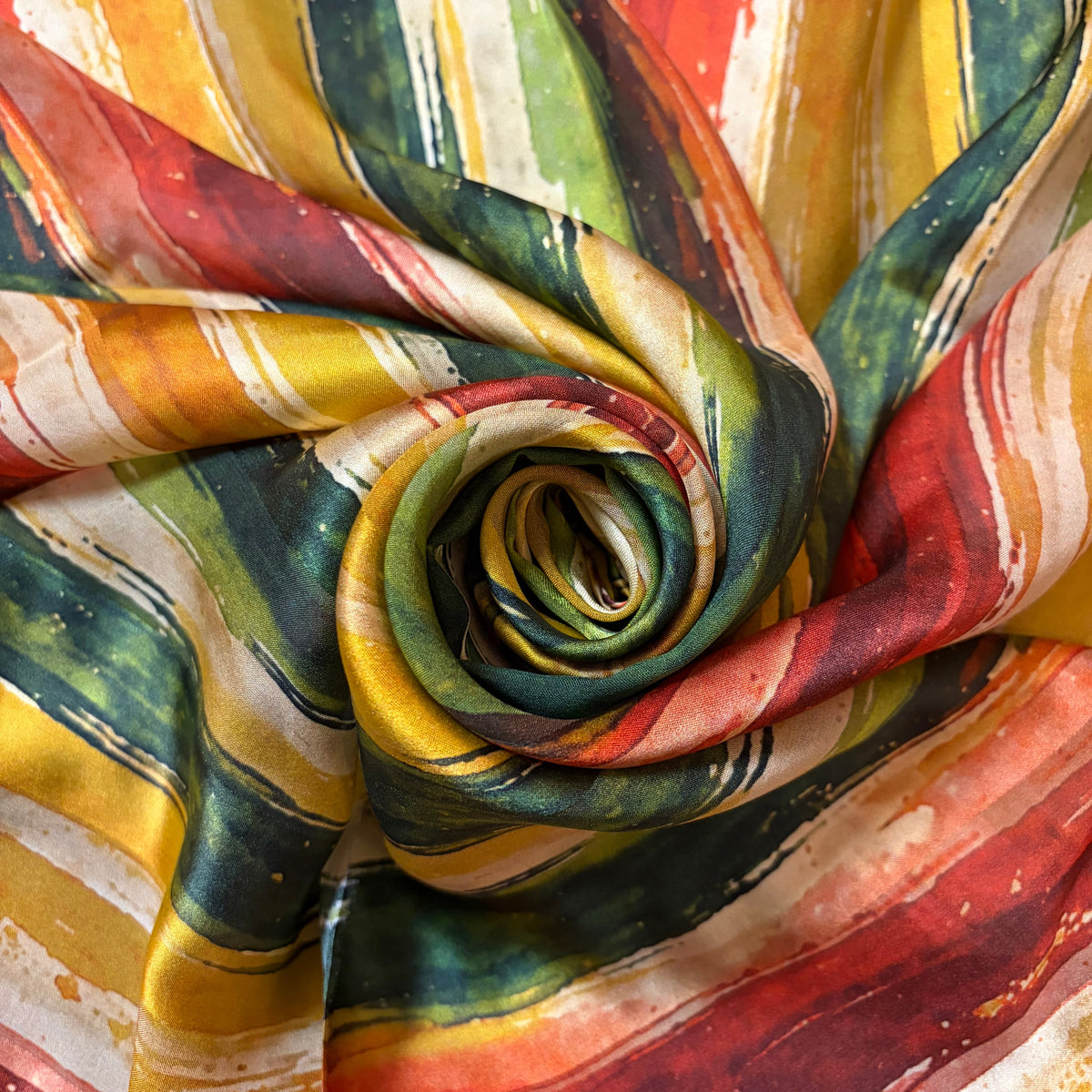 NAYARA : Bande satin imprimé graphique terracotta, ocre doré et vert profond