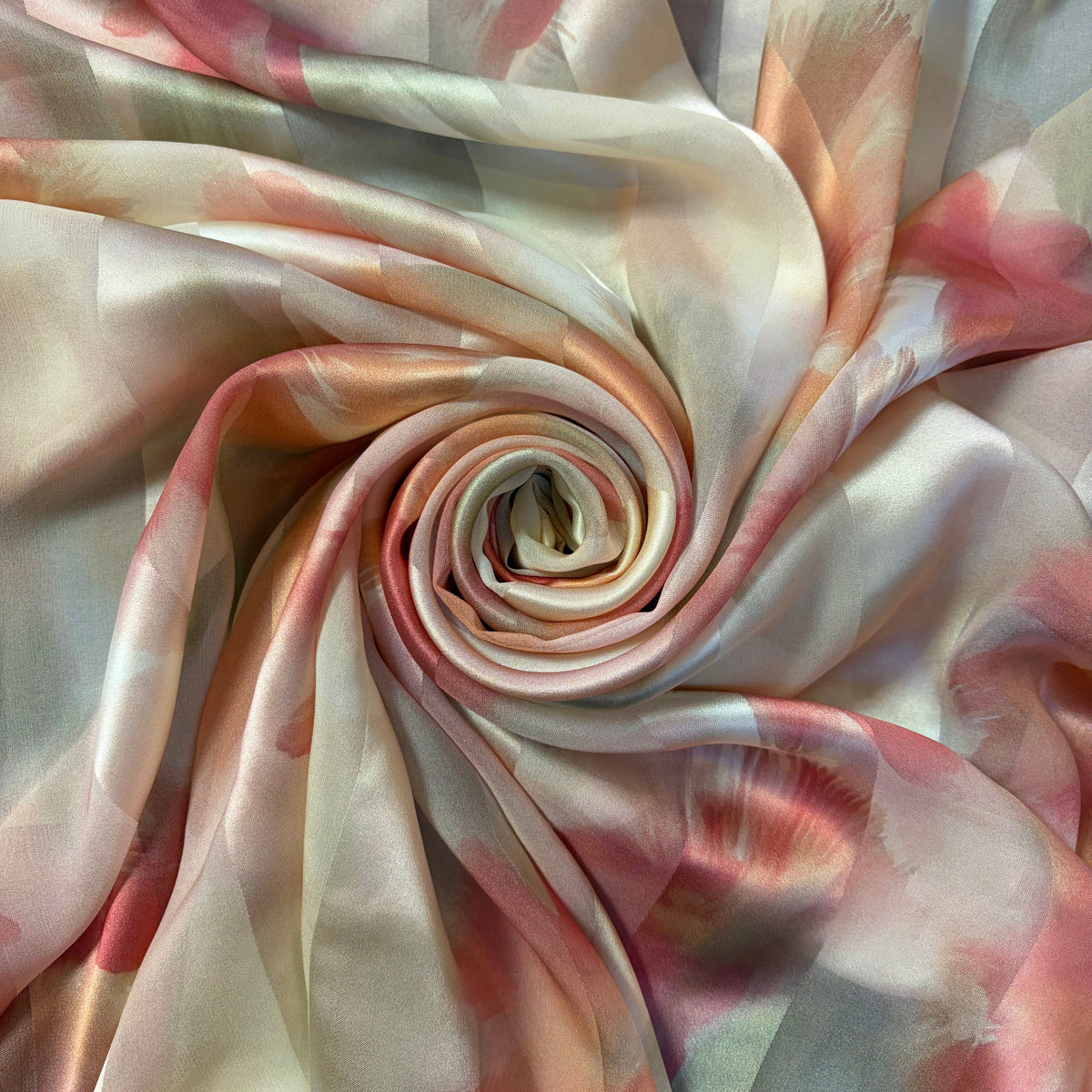 ELOWEN : Bande satin imprimé floral rose corail et vert sauge