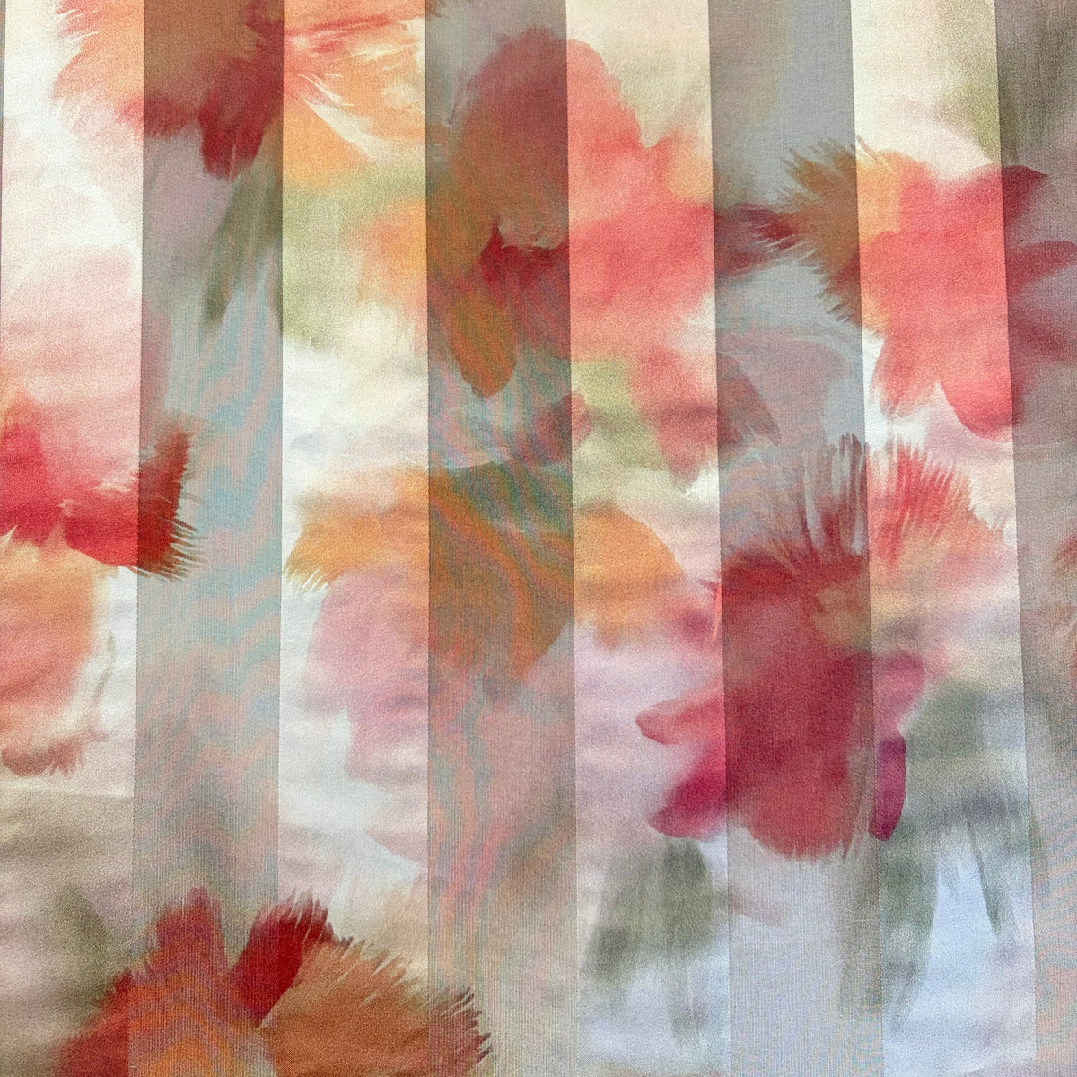 ELOWEN : Bande satin imprimé floral rose corail et vert sauge