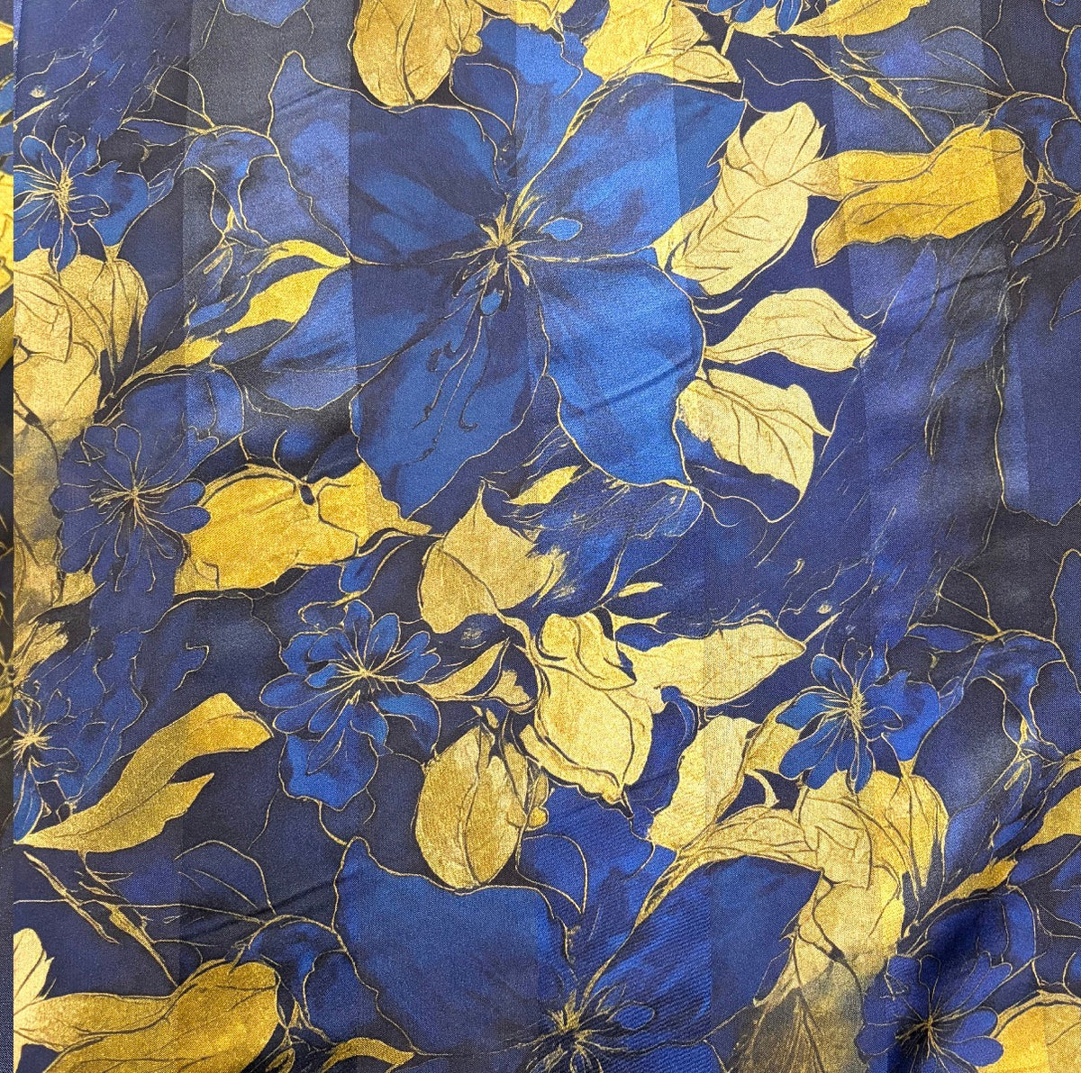 ÉLÉYSA : Bande satin imprimé floral bleu nuit et feuillage doré